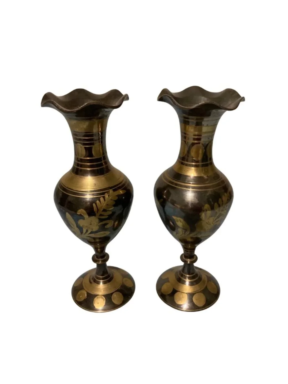 Vintage Handcrafted Brass Vases With Floral Etching Set Of Two Black & Gold